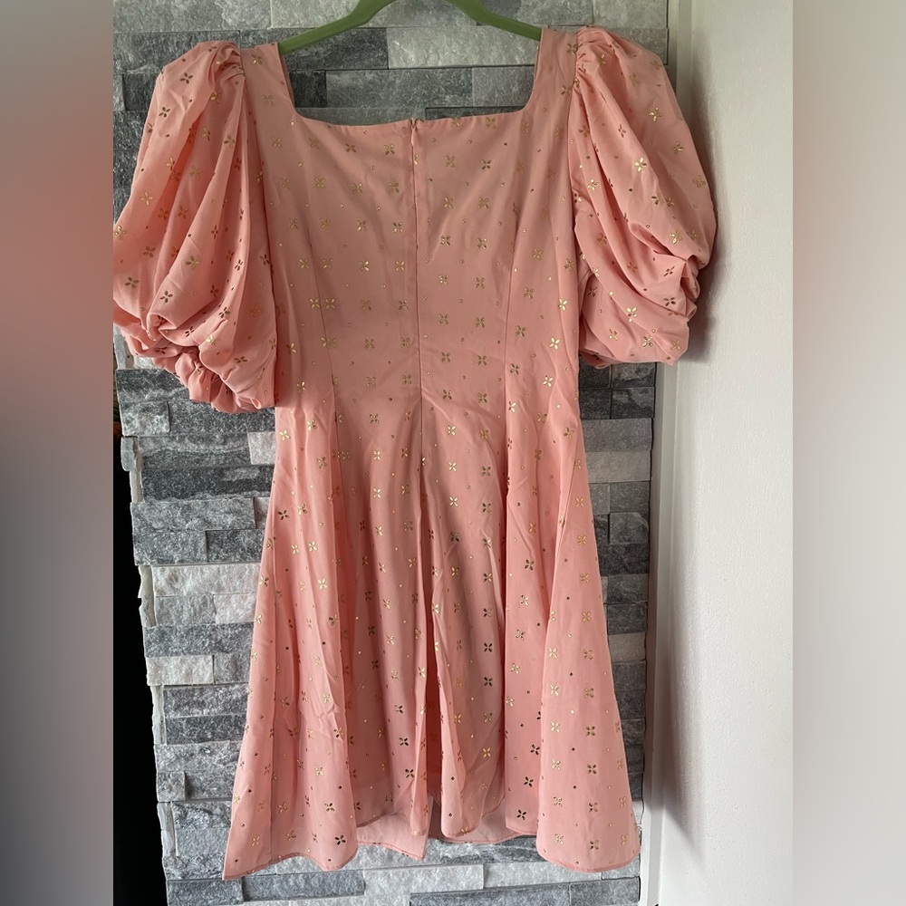 Labelrail x Collyer Twins NWT gold applique puff sleeve mini dress-orange-US 8 - Picture 3 of 12